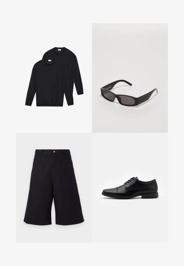 Czarne bawełniane bluzy, z okrągłym dekoltem, długimi rękawami oraz ściągaczami na mankietach i dolnych krawędziach, prezentowane w ułożeniu w stos.; Czarne bawełniane szorty o prostym kroju, z przednimi kieszeniami, zapięciem na guzik oraz fakturą odpowiednią do noszenia na co dzień.; Czarne skórzane buty na formalne okazje z wydłużonym noskiem, sznurowanym zapięciem, subtelnymi detalami w postaci przeszyć oraz niską, teksturowaną gumową podeszwą.; Czarne prostokątne okulary przeciwsłoneczne z ciemnymi soczewkami, gładką plastikową oprawką oraz subtelnym logo na lewej oprawce. Minimalistyczny design.
