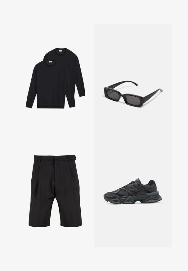 Mustad mustrisviid, millel on ümar kaelus, pikkade varrukatega ning soonikkoes varrukatel ja äärel, esitatud virnastatud korral.; Mustad mustriga lühikesed püksid, mis on valmistatud siledast kangast ja millel on kohandatud disain, ees nupuga sulgemine, voltide ja küljetaskudega.; Mustad mustus jooksukeng, mis sisaldab segu võrgust ja sünteetilisest materjalist, jäme talla, kaarduv disain ja silmapaistev bränding külgedel.; Mustad mustanäolised prillid tumedate läätsedega, läikiv viimistlus, laiad sangad ja massiivne raami disain. Ühe sanga peal on graveeritud brändi nimi.