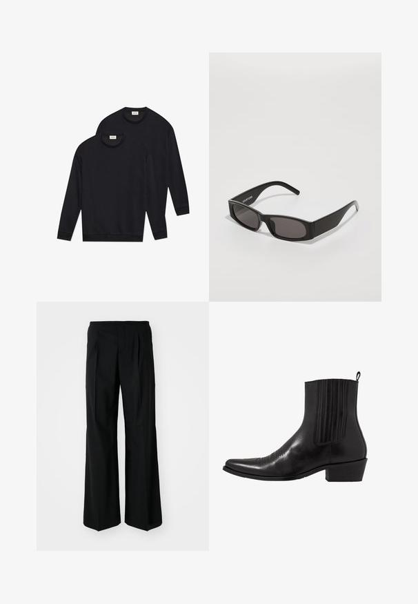 Juodieji medvilniniai sportiniai džemperiai, pasižymintys apvaliu iškirpimu, ilgomis rankovėmis ir kantais bei apykaklėmis su raukiniais, pateikti supakuotu būdu.; 032c OFFICE ATTIRE' WIDE LEG PANTS - Kelnės - black; Juodas odinis kulkšninis botas su smailiu pirštu, elastingomis šoninėmis dalimis, vertikaliu siuvinėjimu ir žemu stačiakampiu kulnu.; Juodi stačiakampiai saulės akiniai su tamsiais lęšiais, lygia plastiko rėmo konstrukcija ir subtiliu logotipu kairėje šakėje. Minimalistinis dizainas.