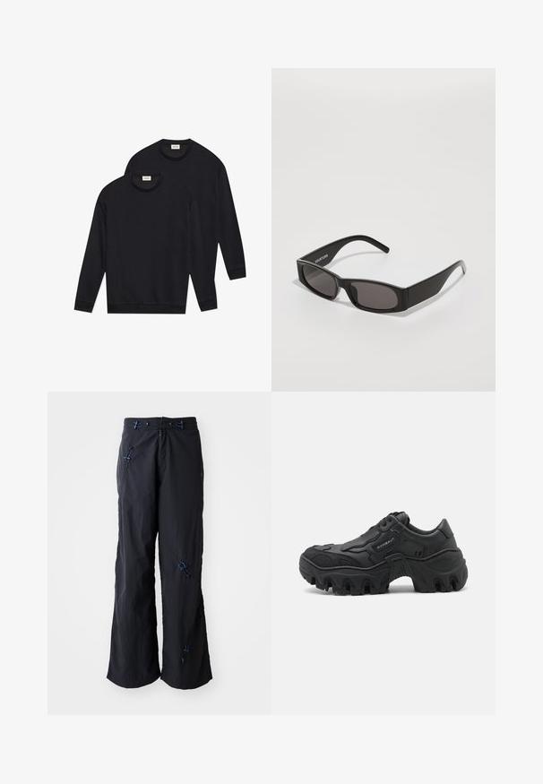 Black cotton sweatshirts, featuring a round neckline, long sleeves, and ribbed cuffs and hems, presented in a stacked arrangement.; Black, lightweight, wide-leg pants with a textured finish. Features blue accents and toggles for adjustability. Zipper closure.; Black sneaker with a textured leather and synthetic upper. Features a chunky sole with deep grooves and a branded tag on the side.; Black rectangular sunglasses with dark lenses, a smooth plastic frame, and a subtle logo on the left arm. Minimalist design.