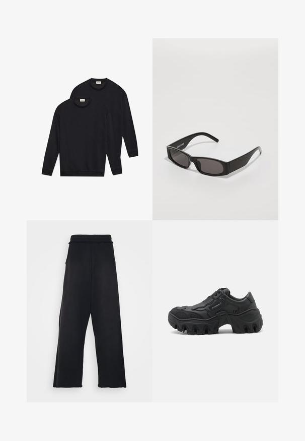 Juodieji medvilniniai sportiniai džemperiai, pasižymintys apvaliu iškirpimu, ilgomis rankovėmis ir kantais bei apykaklėmis su raukiniais, pateikti supakuotu būdu.; Juodi sportiniai šortai su elastinga juosmens juosta, plačiomis kojomis ir šoninėmis kišenėmis. Pagaminti iš minkštos medžiagos su lygiu paviršiumi.; Juodas masyvus sportinis batelis su storu padu, tekstūruotais šonais, raišteliais priekyje ir prekės ženklu "ROMBAUT" ant šoninės plokštės.; Juodi stačiakampiai saulės akiniai su tamsiais lęšiais, lygia plastiko rėmo konstrukcija ir subtiliu logotipu kairėje šakėje. Minimalistinis dizainas.