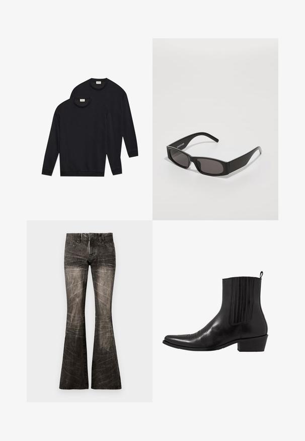 Sweatshirts de algodão pretos, com gola redonda, mangas longas, e punhos e bainhas canelados, apresentados numa disposição empilhada.; Calças de ganga pretas à boca de sino com um acabamento desbotado, apresentando um fecho de botão e zipper, bolsos frontais e linhas verticais distintas no tecido.; Bota de tornozelo em couro preto com bico fino, painéis laterais elásticos, detalhes de costura vertical e um salto bloco baixo.; Óculos de sol retangulares pretos com lentes escuras, uma armação de plástico lisa e um logótipo discreto no braço esquerdo. Design minimalista.
