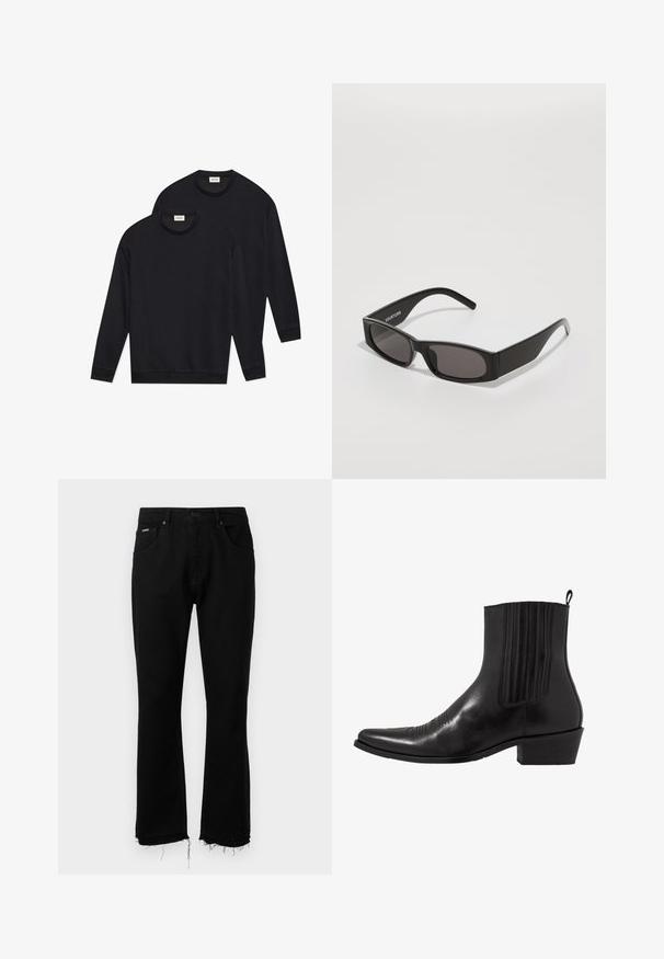 Mustad mustrisviid, millel on ümar kaelus, pikkade varrukatega ning soonikkoes varrukatel ja äärel, esitatud virnastatud korral.; Musthave musta teksat, millel on lai kuju, frayed äär, kaks esikäsi taskut ja üks tagumine tasku. Metallne nööbi sulgemine vööl.; Must musta rinnatooted, millel on terav varvas, elastsed külgpaneelid, vertikaalsed õmblused ning madal blokknähtav.; Mustad mustad prillid tumedate läätsedega, sile plastist raam ja tagasihoidlik logo vasakul käel. Minimalistlik disain.