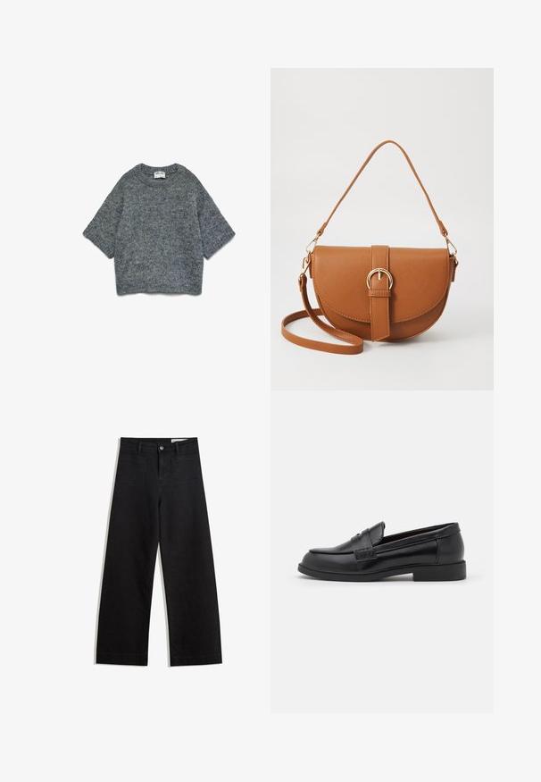 Gray knitted sweater with a crew neckline, short sleeves, and a relaxed fit. Soft texture with a subtle pattern throughout.; Black wide-leg denim pants with a high waist, featuring front and back pockets, stitched seams, and a button closure. Smooth texture.; Black leather loafers with a smooth texture, rounded toe, stitched detailing on the upper, and a low, flat rubber sole.; Brown leather crossbody bag with a curved shape, gold hardware, and a buckle accent. Features a detachable shoulder strap.