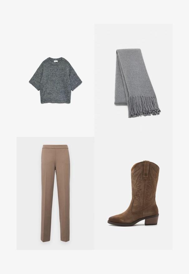 Pull en tricot gris avec un col rond, des manches courtes et une coupe décontractée. Texture douce avec un motif subtil sur l'ensemble.; Pantalons bruns ajustés en tissu lisse et extensible. Jambes droites et taille plate sans matériel visible ni poches.; mtng TEO - Bottes de cowboy / motard - siena; Écharpe en laine grise avec une texture douce, dotée de bords frangés et d'un design simple. Pliée soigneusement, mettant en valeur sa forme allongée.