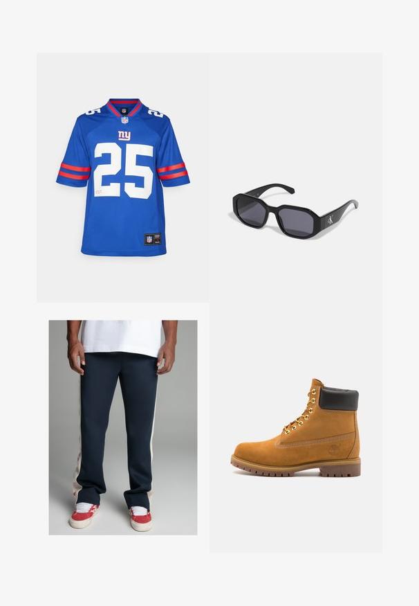 Pikaerine, soonikko kudumissweater, millel on mustad ja valged vertikaalsed triibud ning kõrge soonikko kaelus, asetatud sirgelt helelele taustale.; Sinine NFL-i särk, millel on valge number 25, punase ja valge triibuga lühikesed varrukad ning kootud krae. Logo silt ääres.; Tumesinase trackipüksid kreemjate külg-paneelidega. Valmistatud siledast kangast, millel on vasakul reiel väljaõmmeldud logo ja kitsenev lõige.; Küpset tan suede sääreboot musta pehmea kraega, kuldsed metallist silmad, valge õmblemise detailid ja robustne kummist tallaga, millel on väljendunud mustrid.; Mustad prillid, millel on oktagonaalne raam, tumedad läätsed, läikiv plastmaterjal ja hõbedane logo aksent ühel küljel.