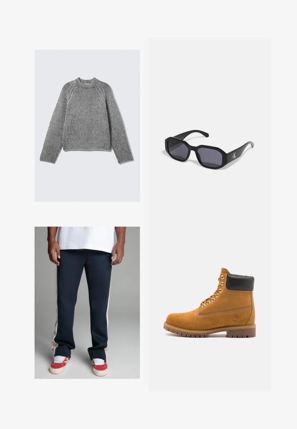 Långärmad, ribbade stickad tröja med svart och vita vertikala ränder och hög ribbad krage, ligger platt på en ljus bakgrund.; Marinblåa sweatpants med creamfärgade sidoremsor och en diskret logga på vänster ben. Materialet är mjukt, anpassat för en avslappnad passform, med muddade fållar.; Tan mockasins ankelstövlar med svart vadderad krage, guldmetallöglor, vit sömdekor och slitstöt gummisula med utmärkta mönster.; Svarta solglasögon med en oktagonal ram, mörka linser, glansigt plastmaterial och en silverfärgad logotypaccent på ena sidan.