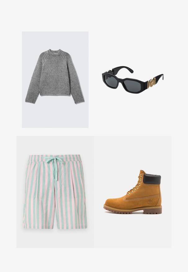 Long-sleeve, ribbed knit sweater with black and white vertical stripes and a high ribbed neckline, laid flat on a light background.; Lightweight striped shorts featuring alternating teal and pink vertical stripes, an elastic waistband, and a front tie detail.; Tan suede ankle boot with black padded collar, gold metal eyelets, white stitching detailing, and rugged rubber sole with pronounced treads.; Black sunglasses with a chunky geometric frame, dark lenses, and gold metal accents on the temples featuring a round emblem detail.