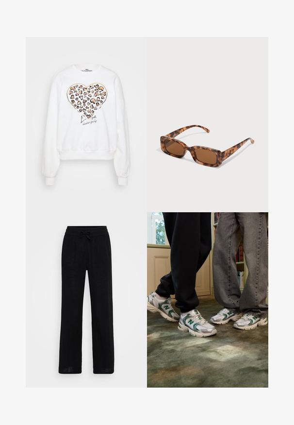 Bele pulover s sivimi leopardjimi motivi v obliki srca, okrašen z zlatimi obroči, in besedilom "Ljubezen nikoli ne razočara" v črni pisavi.; Črne široke hlače iz lanenega materiala z elastičnim pasom in vrvico. Gladka tekstura, zračna tkanina in dolga zasnova.; Bele in srebrne športne copate z zelenimi akcenti in logotipom "N". Teksturirana mrežasta in sintetična materiala, zasnovana za udobje.; Želve sunčane naočale s pravokutnim smešnim lećama, debelim okvirom i tankim ručkama s uzorkom različitih nijansi smeđe boje.