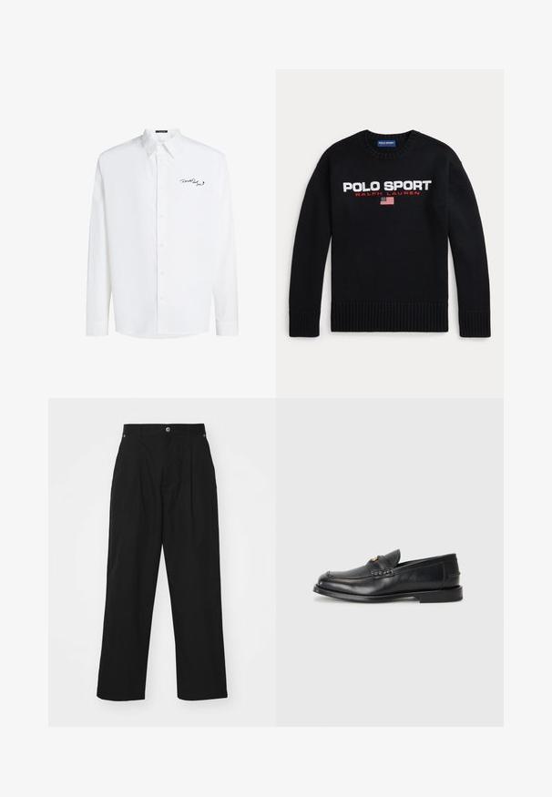 Czarny sweter z okrągłym dekoltem z napisem „POLO SPORT RALPH LAUREN” i małą haftowaną flagą USA na piersi.; Biała koszula z długim rękawem, zapinana na guziki, wykonana z bawełny, z kołnierzykiem w szpic i czarnym haftowanym logo na lewej piersi. Gładka w dotyku.; Czarne spodnie o szerokich nogawkach wykonane z lekkiego materiału. Posiadają zapięcie na guzik, plisowane przody oraz dwie boczne kieszenie.; Czarne skórzane mokasyny mają okrągły nos, przeszycia oraz mały złoty akcent z przodu. Podeszwa jest płaska i dyskretna.