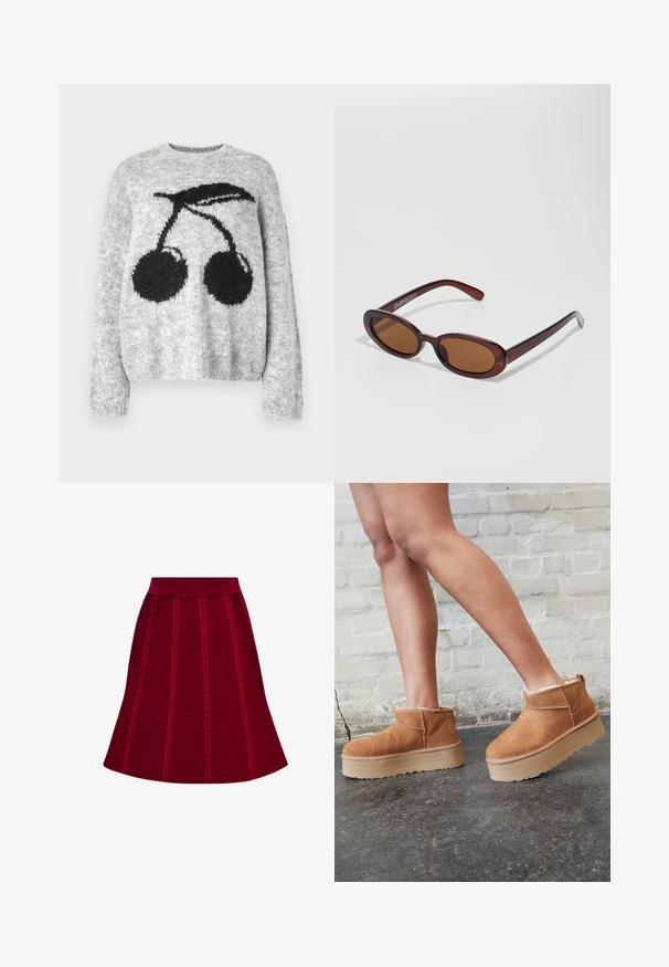 Noisy May NMSUTTON CHERRY - Svetr - light grey melange; Červená sukně s texturou, širokým pasem, rozšířeným tvarem a svislými žebrovanými vzory s jemnými akcenty.; Hnědé semišové kotníkové boty s měkkou podšívkou, silnou béžovou platformou a zadním poutkem. Texturovaný povrch s viditelnými švy.; Kulaté sluneční brýle hnědé barvy s lesklým burgundským rámem. Úzké nožičky s jemným logem. Rovné čočky.; Stříbrná metalická síťová taška přes rameno s uzlem na rukojeti, zipem na zavírání a geometrickým tvarem s hladkým povrchem.