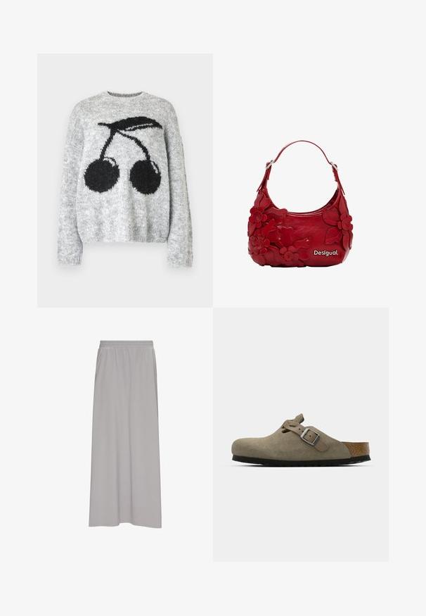 Noisy May NMSUTTON CHERRY - Pullover - light grey melange; Jupe longue, gris clair, avec une taille élastique, fabriquée en tissu doux. Elle dispose de poches latérales et d'une texture lisse avec un design simple.; Sabots en velours côtelé vert olive clair avec une semelle en liège et en caoutchouc moulée. Dispose d'une sangle latérale avec une boucle en métal et d'un bout arrondi.; Sac à main en cuir rouge avec un design d'appliqué floral, forme incurvée et une courte anse. Quincaillerie en argent et le nom de la marque "Desigual" mis en avant.