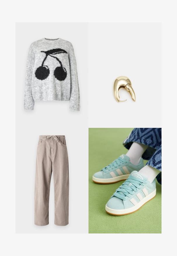 Noisy May NMSUTTON CHERRY - Pulover - light grey melange; Beige kordurojske hlače s sproščenim krojem, ki imajo vrvico za prilagajanje pasu, dva sprednja žepa in vertikalno rebrasto teksturo.; Svjetloplave tenisice s nubuk završnom obradom, s tri bijele trake, u skladu s vezicama i gumiranim đonom. Ukrašene logom na jeziku.; Uhane nakit iz zlatastega tona z gladko, ukrivljeno zasnovo. Ima edinstveno koničasto obliko, polirano površino in zaponko s tečajem.