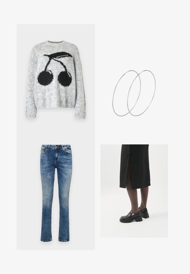 Noisy May NMSUTTON CHERRY - Pulover - light grey melange; Svijetloplave traperice ravnog kroja, s prednjim zatvaranjem na dugme, pet džepova i suptilnim izbljeđenjem.; Črne usnjene čevlje s zaobljenim prstom, debelim blokastim petama in elastičnimi stranskimi detajli, v kombinaciji s temno nogavicami in črno krilo z razporkom.; Srebrne uhane v obliki obroča z minimalističnim dizajnom. Krožna oblika, gladka tekstura in tanek profil. Lahki s poliranim zaključkom.