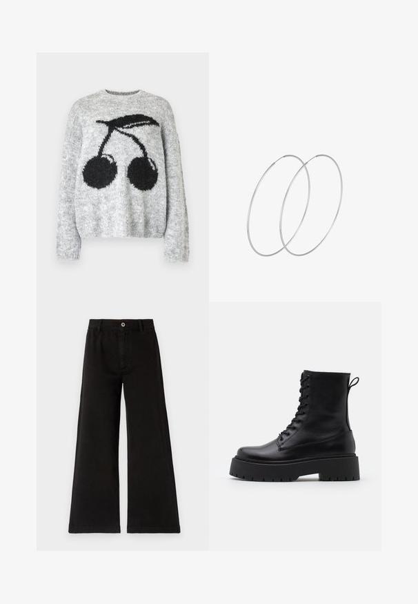 Noisy May NMSUTTON CHERRY - Neule - light grey melange; Mustat leveälahkeiset housut, jotka on valmistettu teksturoidusta puuvillasta, sisältävät edessä napin kiinnityksen, vyölenkit ja suorat lahkeet, joissa on siistit ompelut yksityiskohdat.; Musta nahkainen nilkkureita, joissa on pyöreä kärki, nauhakiinnitys edessä ja paksu kumipohja, jossa on teksturoitu pinta. Takana vetotappi.; Hopehope hopeilla, joissa on minimalistinen muotoilu. Pyöreä muoto, sileä pinta ja ohut profiili. Kevyet ja kiillotetut.