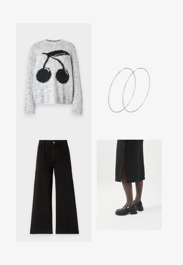 Noisy May NMSUTTON CHERRY - Neule - light grey melange; Mustat leveälahkeiset housut, jotka on valmistettu teksturoidusta puuvillasta, sisältävät edessä napin kiinnityksen, vyölenkit ja suorat lahkeet, joissa on siistit ompelut yksityiskohdat.; Mustat nahkakengät pyöreällä kärjellä, paksulla lohkopohjalla ja joustavilla sivuakkesseilla, yhdistettynä tummiin sukkahousuihin ja mustaan hameeseen, jossa on halkio.; Hopehope hopeilla, joissa on minimalistinen muotoilu. Pyöreä muoto, sileä pinta ja ohut profiili. Kevyet ja kiillotetut.