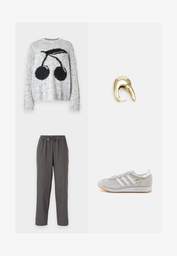 Noisy May NMSUTTON CHERRY - Jersey de punto - light grey melange; Pantalones de lino grises con cintura elástica, detalle de cordón, corte recto y una tela suave y texturizada.; Zapatilla de color gris claro hecha de ante y malla, con tres franjas blancas, punta redonda y suela de goma. Acento en logo dorado cerca de los cordones.; Pendiente de metal en tono dorado con un diseño elegante y curvado. Presenta una forma puntiaguda distintiva, superficie pulida y cierre de bisagra.