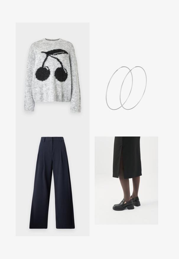 Noisy May NMSUTTON CHERRY - Jersey de punto - light grey melange; Pantalones de pierna ancha en color azul marino con una textura suave, que presentan pliegues frontales y una cinturilla clásica, diseñados para un ajuste relajado.; Zapatos de piel negra con punta redondeada, tacón grueso y bloque, y acentos elásticos en los laterales, combinados con unos pantys oscuros y una falda negra con una abertura.; Pendientes de aro plateados con un diseño minimalista. Forma circular, textura suave y perfil delgado. Livianos con un acabado pulido.