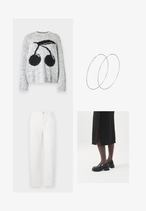 Noisy May NMSUTTON CHERRY - Jumper - light grey melange; White straight-leg jeans made of denim, featuring a button closure, two front pockets, and clean seams. Simple design with no visible patterns.; Black leather shoes with a rounded toe, thick block heel, and elastic side accents, paired with dark tights and a black skirt with a slit.; Silver hoop earrings with a minimalist design. Circular shape, smooth texture, and thin profile. Lightweight with a polished finish.