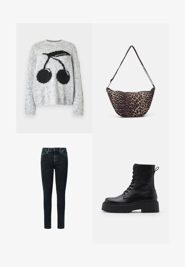 Noisy May NMSUTTON CHERRY - Jersey de punto - light grey melange; Los jeans skinny de mezclilla negra cuentan con un diseño clásico de cinco bolsillos, cremallera frontal y sutiles detalles de desgaste en la parte delantera.; Botas de cuero negras hasta el tobillo con punta redonda, cordones en la parte delantera y una suela de goma gruesa con un dibujo texturizado. Tirador en la parte trasera.; Bolso de mano de tela con estampado de leopardo, con forma curva, correa de hombro delgada y cierre de cremallera. Tonos naturales de beige y marrón oscuro. Textura suave.