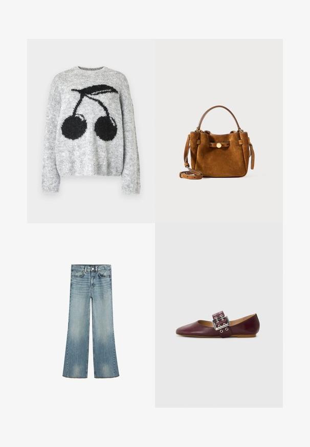 Noisy May NMSUTTON CHERRY - Striktrøje - light grey melange; Massimo Dutti FLARED HIGH-WAIST - Flared jeans - light blue; Burgunderfarvede læder balletflade med spidse tæer, bred rem med en sølv spænde og flere huller, flad sål, glat tekstur.; Brun ruskind taske med en rund form, korte håndtag og en aftagelig strop. Udsmykket med en guldfarvet knap og firkantede lapper.