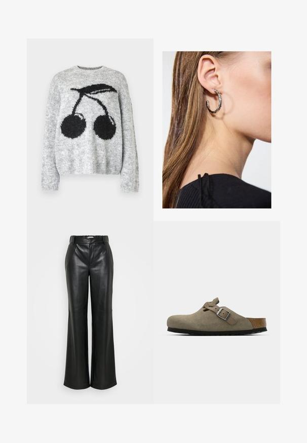 Noisy May NMSUTTON CHERRY - Vesta - light grey melange; ONLY Tall ONLSMOOTH WIDE - Hlače - black; Svetlosmeđe suede klompe s oblikovanim plitkim i gumenim đonom. Imaju bočnu traku s metalnom kopčom i zaobljenim prstima.; Srebrna kružna naušnica s poliranim završetkom, koja ima male zlatne detalje i okrugli oblik, nošena na uhu.