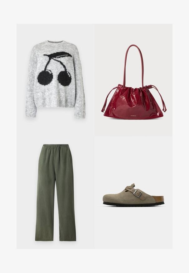 Noisy May NMSUTTON CHERRY  - Vesta - light grey melange; Zelene široke hlače napravljene od mekanog materijala s elastičnom pojasom. Imaju glatku teksturu i jednostavan, minimalistički dizajn.; Svetlosmeđe suede klompe s oblikovanim plitkim i gumenim đonom. Imaju bočnu traku s metalnom kopčom i zaobljenim prstima.; Crvena patentna kožna torba u obliku trokuta, s skupljenim gornjim dijelom na vezicu i dva duga rukohvata. Zlatni detalj s logotipom sprijeda.