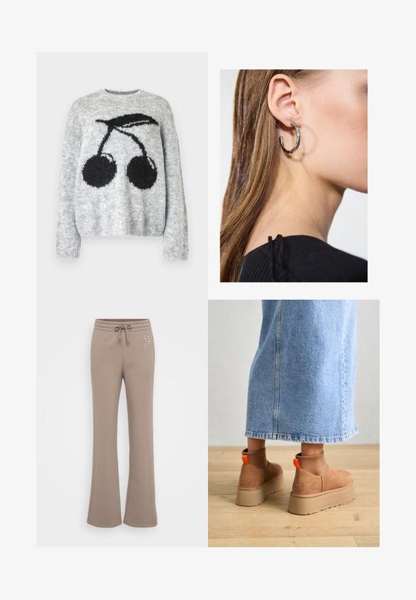 Noisy May NMSUTTON CHERRY - Strickpullover - light grey melange; Hellbraune, ausgestellte Sweatpants aus weichem Stoff mit einem elastischen Bund und einem Kordelzug sowie gesticktem Text auf der linken Hüfte.; Braune Wildleder-Plateau-Stiefel mit elastischen Seitenpaneelen und orangen Zuglaschen, kombiniert mit einem knielangen hellen Jeansrock auf einem Holzboden.; Silberne Creolen mit polierter Oberfläche, die kleine goldene Akzentdetails und eine runde Form aufweisen, am Ohrläppchen getragen.