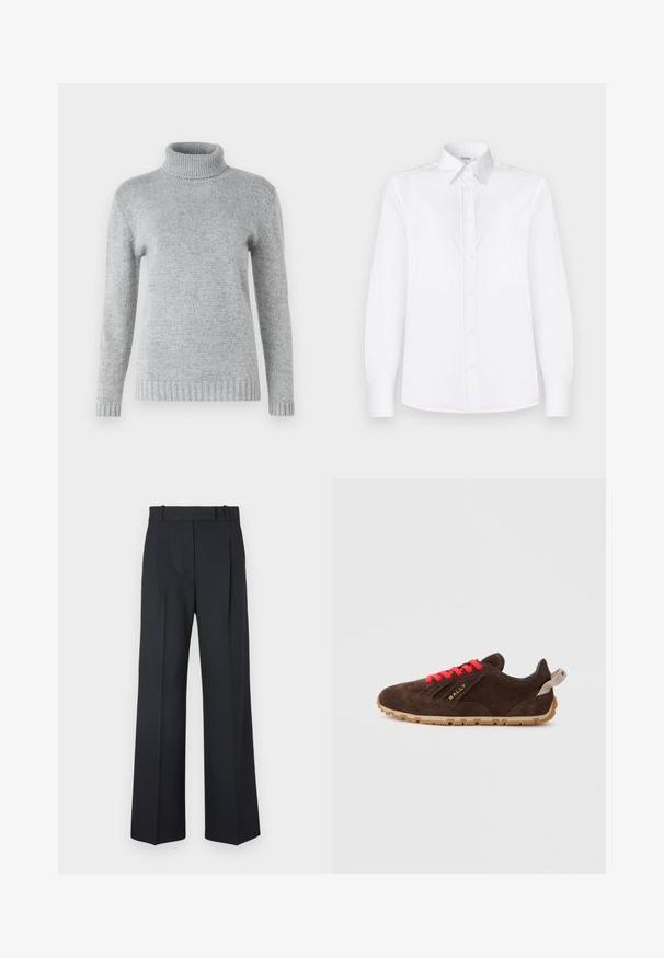 Maglione a collo alto grigio chiaro realizzato in morbido tessuto a maglia, con maniche lunghe e texture a coste sul colletto e sull'orlo.; Camicia bianca a maniche lunghe realizzata in tessuto morbido, con colletto e apertura con bottoni di un delicato rosa.; Pantaloni a righe blu scuro con vita alta, design a gamba larga e senza hardware o decorazioni visibili. Tessuto liscio e vestibilità sartoriale.; Sneaker in suede marrone con lacci rossi, suola in gomma e logo dorato. Presenta una punta rotonda e una superficie morbida e testurizzata.