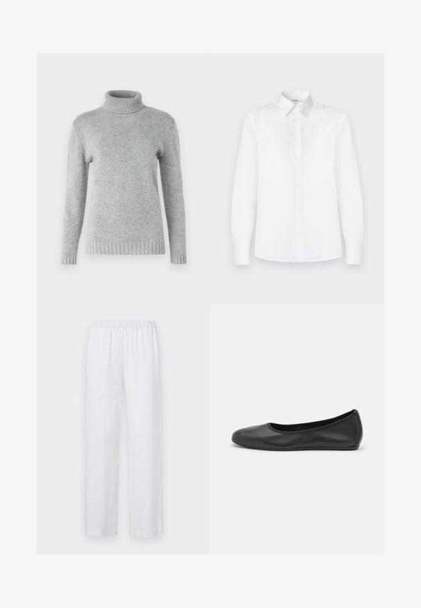 Light gray turtleneck sweater made from soft knit material, featuring long sleeves and ribbed texture at the collar and hem.; White long-sleeve shirt made of smooth fabric, featuring a collared neckline and a button front with light pink buttons.; ASPESI PANTALONE - Trousers - white; Black leather ballet flat with a rounded toe, smooth texture, minimal stitching detail, and a flexible sole design.