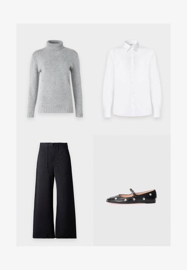 Hellgrauer Rollkragenpullover aus weichem Strickmaterial, mit langen Ärmeln und geripptem Textur am Kragen und Saum.; Weißes Langarmhemd aus glattem Stoff, mit einem Kragen und einer Knopfleiste mit hellrosa Knöpfen.; Schwarze, weite Hosen mit hoher Taille, Fronttaschen und einer glatten Stoffstruktur. Doppelte aufgesetzte Taschen auf der Vorderseite sorgen für zusätzliche Details.; Schwarze Leder-Mary-Jane-Ballenflats mit runder Zehenform, ausgestattet mit silbernen runden Nieten und einem verstellbaren Riemen mit Schnalle.