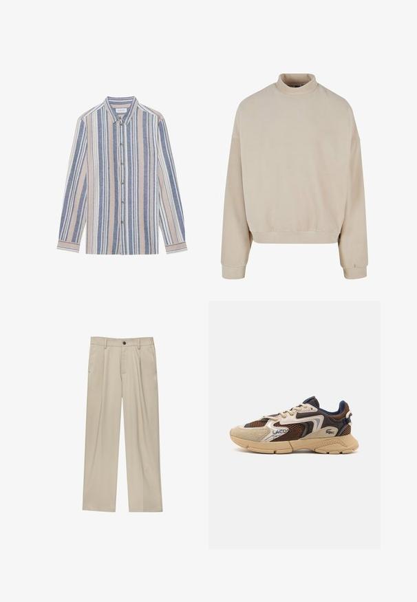 Felpa in pile beige con colletto alto, vestibilità ampia, spalle cadute e polsini a coste. Texture morbida e design semplice senza motivi.; Camicia con bottoni e maniche lunghe, caratterizzata da righe verticali in blu, beige e bianco. Realizzata in un tessuto texturizzato, con colletto e bottoni metallici.; Pantaloni beige a taglio dritto, con un solo bottone nero, passanti per la cintura e tasche laterali. Tessuto dalla texture liscia e design minimale.; Sneaker beige e marrone con pannelli in mesh testurizzati, accenti in suede e suola in gomma. Presenta un design con lacci e dettagli brandizzati.
