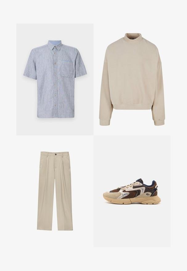 Béžová fleecová mikina s vysokým límcem, volným střihem, spadlými rameny a žebrovanými manžetami. Měkká textura a jednoduchý design bez vzorů.; Košile s krátkým rukávem v světle modré a bílé pruhované látce, s náprsní kapsou a hnědými knoflíky. Texturovaný, ležérní design.; Béžové kalhoty klasického střihu, se jedním černým knoflíkem, poutky na opasek a bočními kapsami. Hladká textilie a minimalistický design.; Béžové a hnědé tenisky s texturovanými síťovinovými panely, akcenty z semiše a gumovou podrážkou. Mají šněrovací design a značkové detaily.