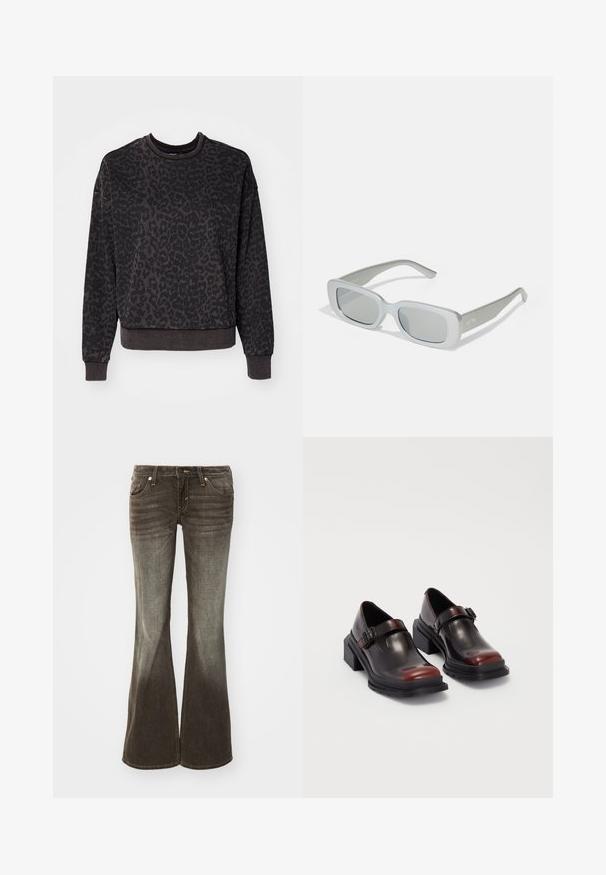 ONLY ONLVOICE O NECK - Mikina - black; Rozšírené džínsy z tmavosivej tkaniny s blednúcim povrchom. Obsahujú päť vreciek, predné zapínanie na gombík a nenápadné stehy.; Kožené topánky na blokovom podpätku s lesklým tmavo burgundským povrchom, so zapínaním na pracku a zaobleným špicom. Štruktúrovaná podošva pre lepšiu priľnavosť.; Sivé slnečné okuliare s obdĺžnikovým rámom, matným povrchom a tónovanými sklami. Majú tenké nožičky s jemným brandingom na strane.