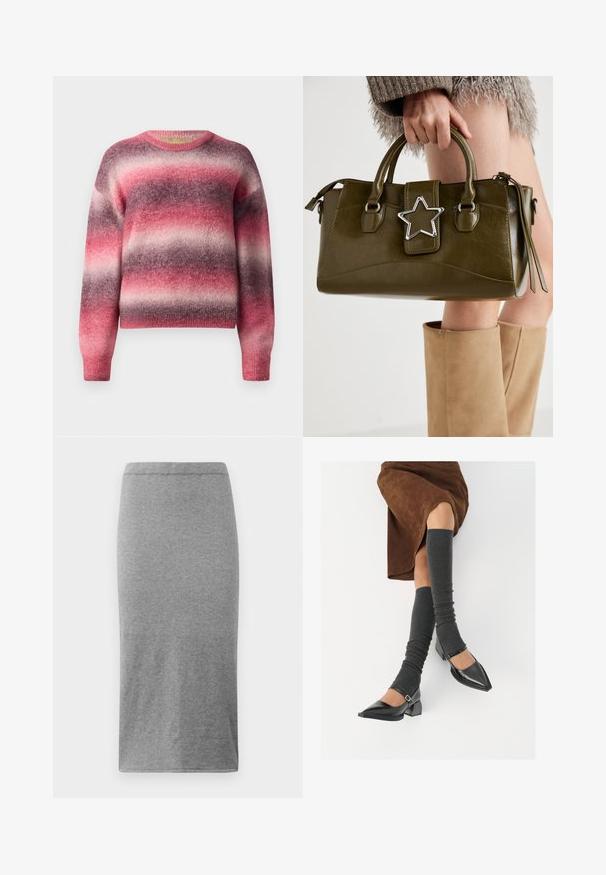 Jemný pletený svetr s vodorovnými chlupatými pruhy v odstínech růžové, fialové a světle šedé, s kulatým výstřihem a dlouhými rukávy.; Šedá sukně ke kolenům vyrobená z měkkého, elastického materiálu. Má jednoduchý, přiléhavý střih s elastickým pasem a hladkou texturou.; Černé lakované boty s špičatou špičkou, blokovým podpatkem a kotníkovým páskem, spárované s šedými žebrovanými návleky na nohy a hnědskou sukní z semiše.; Olivově zelená kabelka z imitace kůže se stříbrnou hvězdou, dvojitými rukojeťmi a zipovým uzávěrem. Texturovaný povrch a strukturovaný tvar.