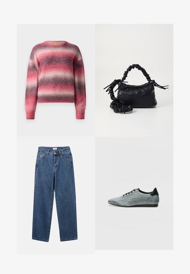 Mykete genser med horisontale, lodne striper i nyanser av rosa, lilla og lys grå, med rund hals og lange ermer.; Klassiske blå denimjeans med rett ben-design, fem lommer og knappelukking. Har en middels vask og solid tekstur.; Lys grå lær sneakers med et strømlinjeformet design, med sømdetaljer, sorte snørebånd og en mørk hælakkent. Gummisåle.; Svart faux skinn-håndveske med krokodilletekstur, strammet topp og en rynket stropp. Ser myk og kompakt ut i designen.