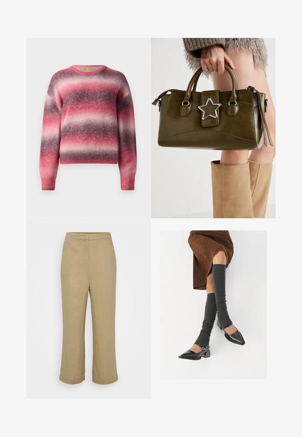 Mehakava pletena jopica s horizontalnimi puhastimi črtami v odtenkih roza, vijolične in svetlo sive barve, ki ima okroglo izrezano in dolge rokave.; Bež lanene hlače z ravnim krojem, srednjim pasom, diskretnimi šivi in širokimi skrajšanimi nogami. Gladka tekstura, brez vidnih vzorcev.; Črne lakirane čevlje s pointy prsti in blok peto ter z naramnicami za gleženj, ki jih kombiniramo s sivimi rebrastimi nogavicami in rjavim suknjičem iz usnja.; Olivnozeleno usnjeno ročno torbico z srebrno zvezdo, dvema ročajema in zadrgo. Teksturna površina in strukturirana oblika.