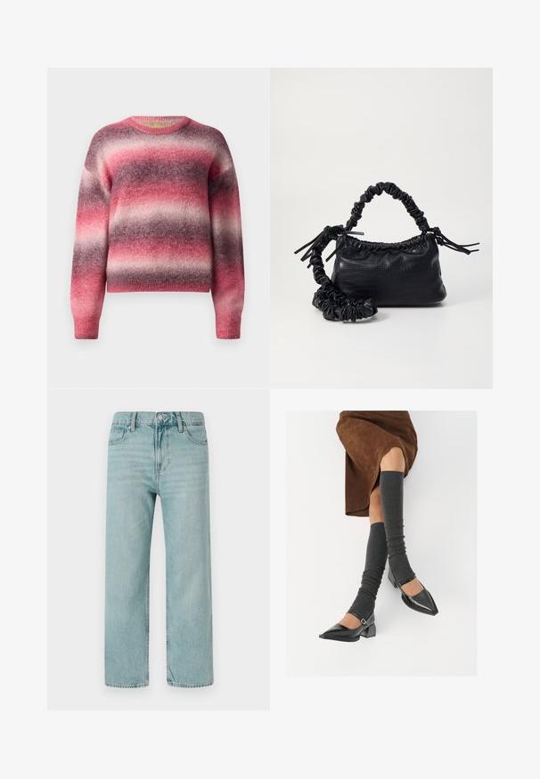 Pehmeä neulepusero vaaleanpunaisista, violetista ja vaaleanharmaista vaaleista vaakasuorista karvakaistaleista, jossa on pyöreä pääntie ja pitkät hihat.; Vaaleansiniset leveälahkeiset farkut, joissa on klassinen viisi-taskuinen muotoilu, puhtaat linjat sekä normaali vyötärö napp closurella.; Musta lakattu nahkakengät teräväkärkisillä, leveällä kantapäällä ja nilkkahihnalla, yhdistettynä harmaisiin ribattuihin säärystimiin ja ruskeaan mokkasiinimekkoon.; Must-have mustekahvi nahkalaukku krokotiiliaistalla, kiristetty yläosa ja rypistetty hihna. Näyttää pehmeältä ja kompaktilta muotoilultaan.