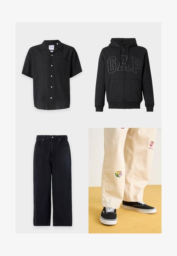 Melnā sporta džemperis ar rāvējslēdzēju, priekšējām kabatām, kapuci ar auklām un lielu izšūtu "GAP" logo uz krūtīm, iekšpusē ar mīkstu flīsa oderi.; Melnas īsām piedurknēm krekls ar pogām, kas izgatavots no linu. Tam ir kabata kreisajā krūtīs un baltas pogas, kas kontrastē ar auduma tekstūru.; Melna denima bikses ar taisnu kāju dizainu, ar piecām kabatām, pogu aizdari un tīru apdari. Izturīgs audums ar matētu tekstūru.; Beige kokvilnas bikses ar rotaļīgiem izšūtiem dizainiem, tostarp rozā raksturs un krāsains bloks, saskaņotas ar melniem kurpēm ar auklām.