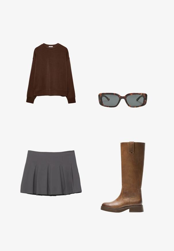 Felpa marrone con vestibilità rilassata, collo tondo e maniche lunghe. Tessuto morbido con polsini e orlo a coste. Senza motivi né dettagli.; Gonna grigia a pieghe con texture liscia, caratterizzata da dettagli cuciti e una vita aderente, che termina a metà coscia.; Stivale marrone in pelle alto fino al ginocchio, con punta tonda, superficie testurizzata e tacco basso impilato. Presenta un pannello laterale e una linguetta di apertura in cima.; Occhiali da sole tartaruga con lenti rettangolari, montatura spessa e lenti scure. Texture liscia e design minimalista.