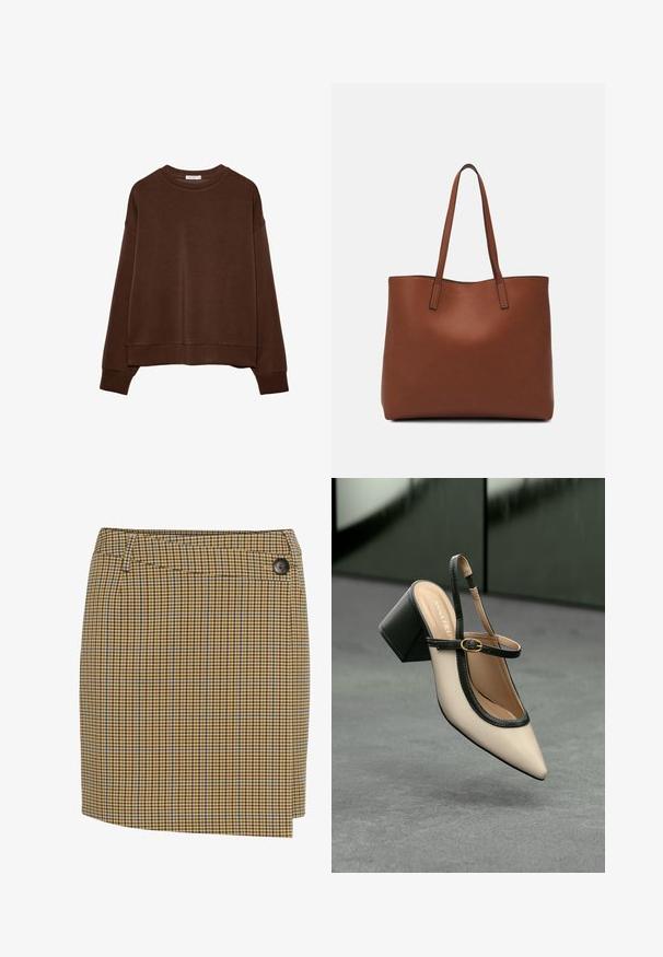 Felpa marrone con vestibilità rilassata, collo tondo e maniche lunghe. Tessuto morbido con polsini e orlo a coste. Senza motivi né dettagli.; Gonna a quadri marrone e gialla con accenti blu. Caratterizzata da una silhouette dritta, chiusura laterale con bottoni e tessuto dal tocco morbido.; Scarpa slingback beige con tacco alto, punta appuntita, rifinitura nera e dettaglio con fibbia. Materiale liscio con finitura opaca, tacco a blocco medio.; Borsa tote in pelle marrone con texture liscia, design con apertura superiore e due spallacci. Presenta cuciture minime e nessun hardware visibile.