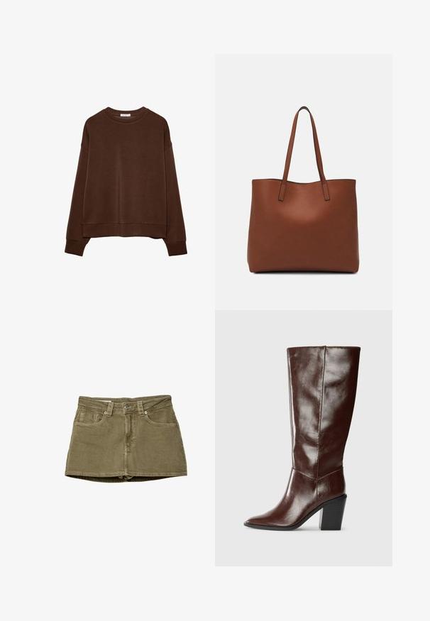 Sweatshirt marron avec une coupe décontractée, un col rond et des manches longues. Tissu doux avec des poignets et un ourlet côtelés. Pas de motifs ni d'accents.; Jupe en denim vert olive, mini, avec poches avant, coupe droite et fermeture à bouton. Texture douce avec des détails de couture visibles.; Botte haute en cuir marron foncé avec un bout pointu et un talon empilé, présentée de côté sur un fond uni.; Sac fourre-tout en cuir marron avec une texture lisse, design à ouverture supérieure et deux poignées pour le porter à l'épaule. Présente des coutures minimales et aucun matériel visible.