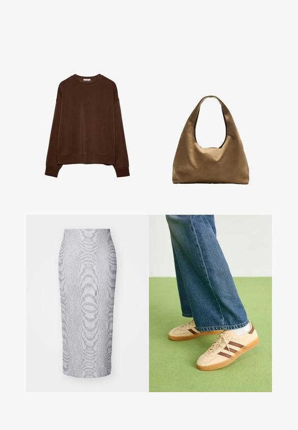 Felpa marrone con vestibilità rilassata, collo tondo e maniche lunghe. Tessuto morbido con polsini e orlo a coste. Senza motivi né dettagli.; Gonna midi grigia a coste con silhouette aderente, caratterizzata da un motivo testurizzato su tutta la superficie e una vita solida per il massimo comfort.; Sneakers beige con pannelli texturizzati crema e strisce marroni, abbinati a jeans in denim blu. I jeans hanno un taglio largo e orlo sfilacciato.; Borsa a spalla in tessuto marrone con un corpo ampio e arrotondato e una grande maniglia a taglio. Texture morbida, design minimalista e senza hardware visibile.
