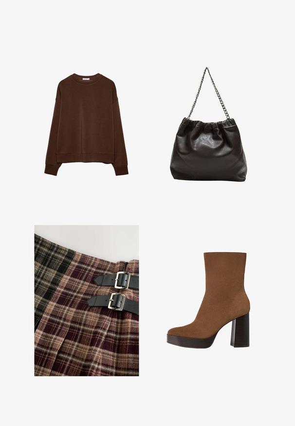 Sweatshirt marron avec une coupe décontractée, un col rond et des manches longues. Tissu doux avec des poignets et un ourlet côtelés. Pas de motifs ni d'accents.; Jupe de style kilt en tissu tartan comportant des nuances de noir, beige et bordeaux. Comprend deux sangles en cuir noir avec des boucles en argent.; Botte cheville en suède marron avec un bout rond, un large talon à rayures noires et une surface lisse. Présente un design ajusté sans quincaillerie visible.; Sac en cuir marron avec un haut froncé et une bandoulière en chaîne. Texture lisse avec une finition brillante et des coutures subtiles sur les côtés.