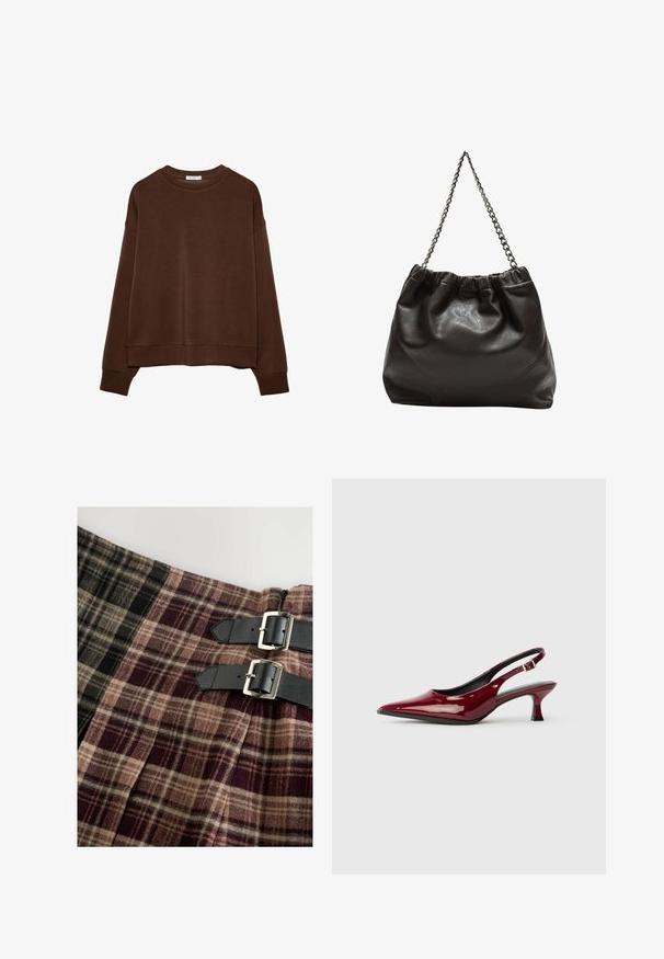 Brauner Sweatshirt mit lockerer Passform, rundem Ausschnitt und langen Ärmeln. Weicher Stoff mit gerippten Bündchen und Saum. Keine Muster oder Akzente.; Kilt-artiger Rock aus karierter Stoff in Schwarz, Beige und Burgundy. Beinhaltet zwei schwarze Lederriemen mit silbernen Schnallen.; Burgunderfarbene Lackleder Slingback-Absätze mit spitzem Zehenbereich und schlankem Stiletto-Absatz. Offenes Rückendesign mit verstellbarem Knöchelriemen.; Braune Lederhandtasche mit gerafftem Oberteil und Kettenriemen. Glatte Textur mit glänzendem Finish und subtilen Nahtdetails an den Seiten.