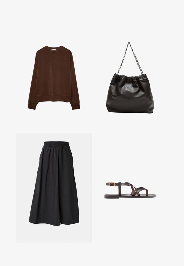 Rjav majica s sproščenim krojem, okroglim ovratnikom in dolgimi rokavi. Mehak material z rebrastimi manšetami in robom. Brez vzorcev ali okrasnih dodatkov.; Črna krila do gležnjev z elastičnim pasom in stranskimi žepi. Narejena iz lahkega materiala, ki se ponaša z gladko teksturo.; Rjav usnjen sandal z načinom prečnega črta, zaklepom okoli gležnja in ravnim podplatom z minimalnimi šivi.; Rjava usnjena torba z nabranim vrhom in verižnim trakom. Gladka tekstura z sijajno površino in subtilnimi šivi na straneh.