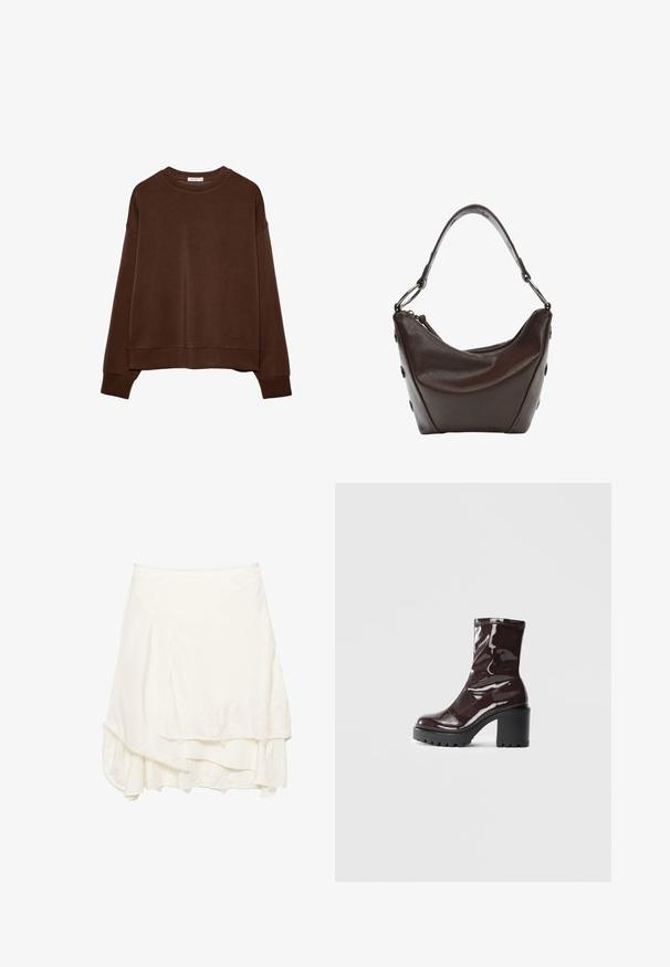 Brauner Sweatshirt mit lockerer Passform, rundem Ausschnitt und langen Ärmeln. Weicher Stoff mit gerippten Bündchen und Saum. Keine Muster oder Akzente.; Weißer Wickelrock mit schichtweisem Design, der mit strukturierten Spitzendetails entlang des Saums, weichem Stoff und einer fließenden Silhouette versehen ist.; Glatte bordeauxrote Ankle Boots mit einem klobigen schwarzen Absatz, die eine glatte Oberfläche und ein einfaches Design aufweisen. Keine sichtbaren Verschlüsse oder Muster.; Dunkelbraune Lederhandtasche mit geschwungener Form, Reißverschlussverschluss und kurzem Griff. Sie verfügt über Metallbeschläge und dekorative schwarze Knöpfe an der Seite.