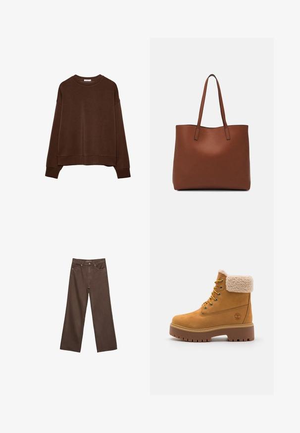 Smeđi dukserica opuštenog kroja, s okruglim izrezom i dugim rukavima. Meko tkanje s rebrastim manžetama i rubom. Bez uzoraka ili akcenta.; Proširene smeđe traperice od denima, s visokim strukom, prednjim džepovima i klasičnom kopčom na dugme. Glatka tekstura s suptilnim šavovima.; Tamnji zam čizme s krznom od umjetne kože, zlatnim okovima i kontrastnim gumeni potplat. Ima logo sa strane i teksturirani gazni sloj.; Smeđa kožna torba preko ramena s glatkom teksturom, otvorenim vrhom i dvjema naramenicama. Ima minimalne šavove i nema vidljivog hardvera.