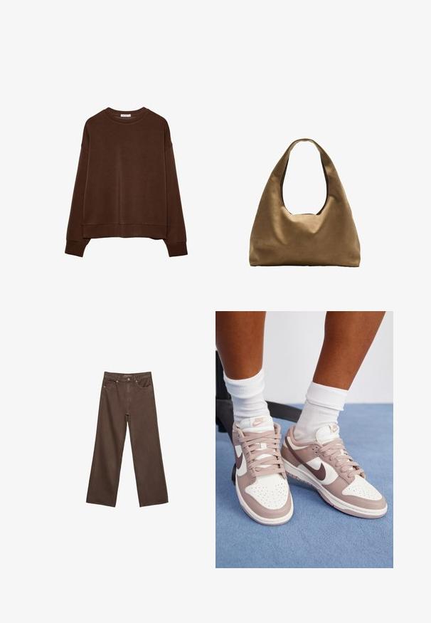 Hnedá mikina s voľným strihom, okrúhlym výstrihom a dlhými rukávmi. Mäkká tkanina s rebrovanými manžetami a lemom. Bez vzorov alebo akcentov.; Džínsy s širokými nohavicami v hnedej farbe, vyrobené z denimu, so zvýšeným pásom, prednými vreckami a klasickým zapínaním na gombík. Hladká textúra s jemným prešívaním.; Nike Dunk nízkopprofilové tenisky s bielou kožou a béžovými a hnedými akcentmi, okrúhlou špicou, perforovaným zvrškom a plochými šnúrkami.; Hnedá látková taška cez rameno s širokým, zaobleným telom a veľkým vyrezaným uchom. Mäkčená textúra, minimalistický dizajn a bez viditeľného kovania.