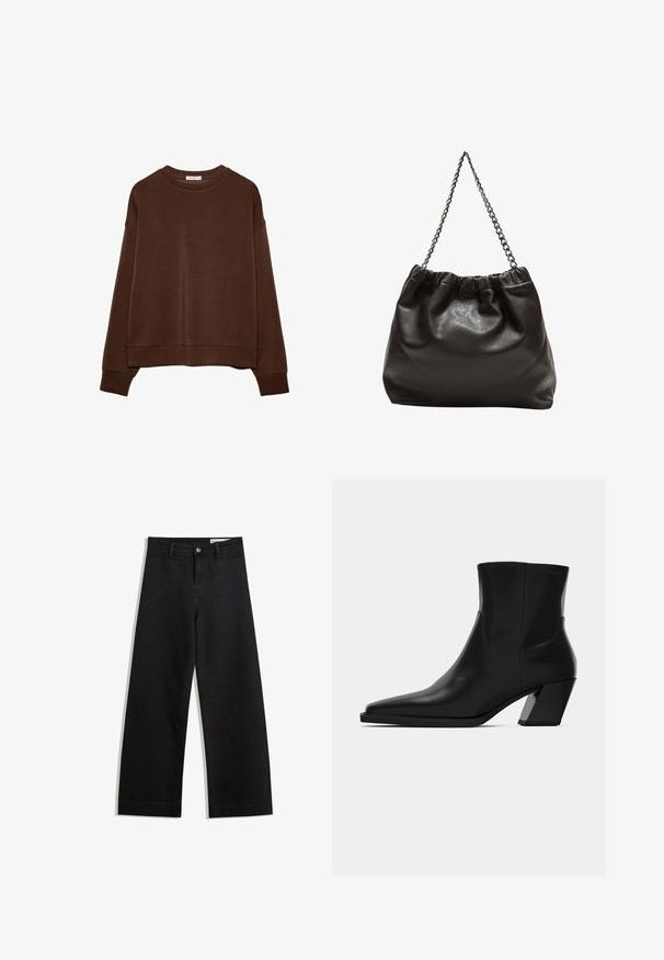 Brązowa bluza z luźnym krojem, okrągłym dekoltem i długimi rękawami. Miękka tkanina z prążkowanymi mankietami i dołem. Bez wzorów ani akcentów.; Czarne dżinsowe spodnie o szerokich nogawkach i wysokim stanie, z przednimi i tylnymi kieszeniami, przeszyciami oraz zapięciem na guziki. Gładka struktura.; Czarne skórzane botki sięgające kostki z ostrym noskiem, smukłą sylwetką i masywnym kwadratowym obcasem. Gładka tekstura z minimalnymi detalami szwów.; Brązowa skórzana torba z marszczonym szczytem i łańcuszkowym paskiem. Gładka tekstura z błyszczącym wykończeniem i subtelnymi detalami szwów po bokach.